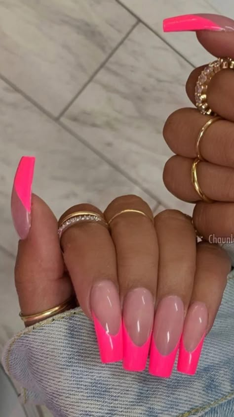 Acrylic Nails For Holiday Summer, Bright Neon Pink Nails, Bright Long Summer Acrylic Nails, Bright Pink French Tip Nails Coffin, Bright Summer Acrylic Nails French Tips, Neon Pink French Tip Nails Square, Bright Pink Summer Acrylic Nails, Pink Nails Acrylic French Tips, Holiday Nails Summer Acrylic Long