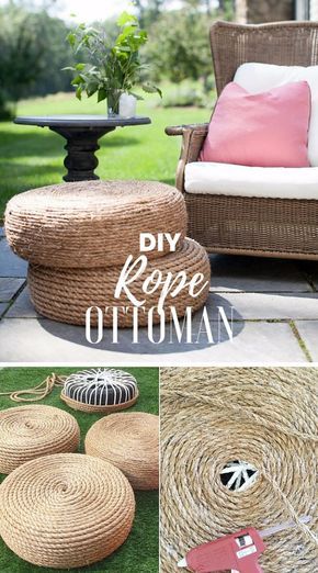 Rope Ottoman, Do It Yourself Quotes, Vintage Shelving, Diy Ottoman, Simple Bathroom Decor, Diy Home Accessories, Diy Outdoor Decor, Deck Decorating Ideas On A Budget, Cadeau Diy