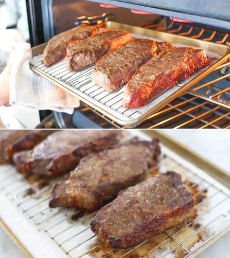 Broiled Steak - How to Cook Steak in the Oven - Olga's Flavor Factory Broiling Steak In Oven, Oven Grilled Steak, Cook Steak In The Oven, London Broil Oven, Baked Steak Recipes, Oven Cooked Steak, Oven Baked Steak, Steak Meals, Flat Iron Steak Recipes