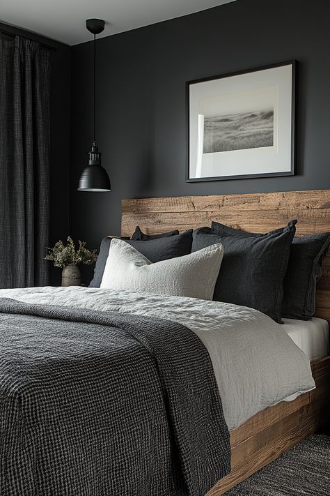 Create a stylish and modern space for teens with black and grey bedroom ideas. Explore charcoal walls, black furniture, and cool grey bedding. Discover graphic prints, geometric rugs, and trendy lighting for a space that's both edgy and inviting. Add personal touches with artwork, plants, and wall décor for a unique and personalized look. Gray Black And Wood Bedroom, Dark Grey Bedroom Accent Wall, Grey Wall Black Furniture, Bedroom With Charcoal Accent Wall, Grey Black And Wood Bedroom, Black Walled Bedroom, Charcoal Wall Bedroom, Master Bedrooms With Black Accent Wall, Charcoal Bedroom Walls