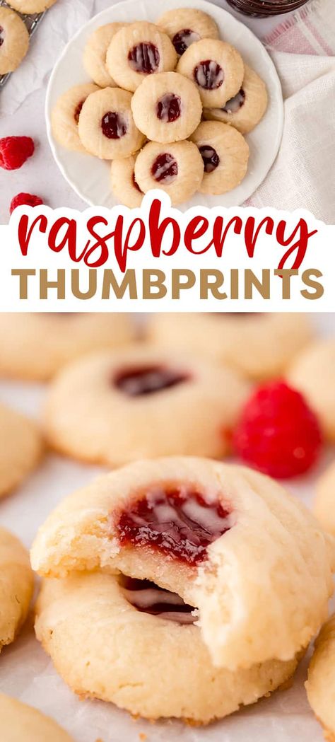 These Raspberry Thumbprint Cookies are rich and buttery with a simple filling of raspberry jam. Topped with a 3 ingredient vanilla glaze and perfect for the holidays! Holiday Dessert Drinks, Old Fashioned Sugar Cookies, Raspberry Thumbprint, Xmas Cookies Recipes, Raspberry Thumbprint Cookies, Buns In My Oven, Jam Thumbprint Cookies, Delicious Christmas Desserts, Thumbprint Cookies Recipe