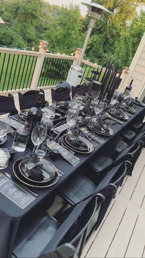 Black Tablecloth With Black Plates, All Black Birthday Decorations, Black And Silver Birthday Dinner Party, All Black Outdoor Party, 50 Shades Of Black Party Ideas, All Black Party Table Decor, Black On Black Table Setting, All Black Anniversary Party, All Black Affair Party Ideas For Men