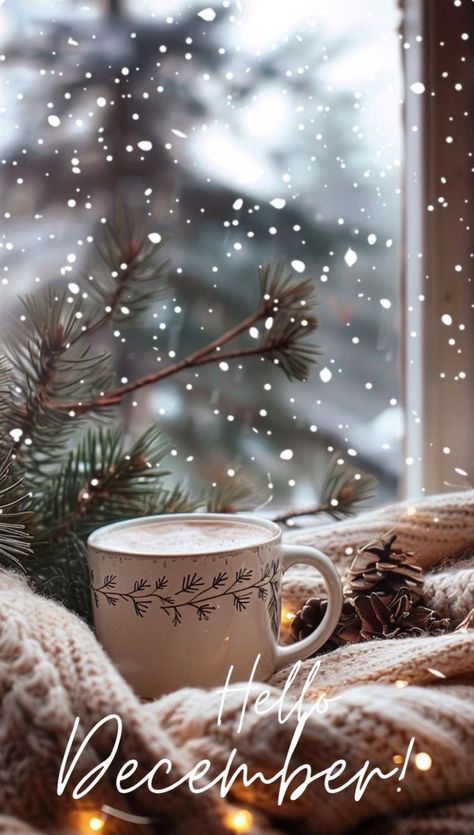 Winter Coffee Photography, November Aesthetic Cozy, Hello December Images, December Wallpaper, Iphone Wallpaper Winter, Hygge Christmas, Snowflakes Falling, Christmas Wallpaper Backgrounds, Xmas Wallpaper