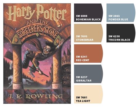 Harry Potter Room Color Scheme, Harry Potter Paint Colors Bedroom, Harry Potter Paint Colors, Weasley Color Palette, Harry Potter Palette, Harry Potter Color Palette, Hogwarts House Colors, Fantastic Beasts Book, Harry Potter Bathroom