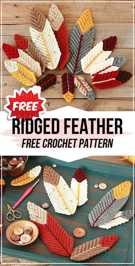 Crocheted Feathers Free Pattern, Thanksgiving Crochet Ideas, Free Fall Crochet Patterns, Crochet Feathers Free Pattern, Fall Crochet Patterns Free, Feather Crochet, Thanksgiving Crochet Patterns, Marque-pages Au Crochet, Thanksgiving Crochet