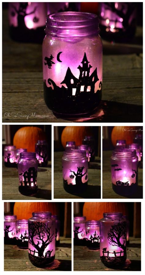 DIY Upcycled Halloween Village Luminaries Craft - Oh So Savvy Mom Diy Halloween Luminaries, Diy Halloween Dekoration, Halloween Luminaries, Halloween Jars, Halloween Crafts For Toddlers, Halloween Pumpkins Painted, Halloween House Party, Diy Halloween Decor, Adornos Halloween