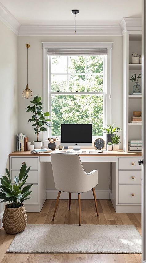 Tiny Office Space Ideas Home Office By Window, Office Window Desk, Home Office Under Window, Home Office Desk Under Window, Office Design With Window, Office Desk Under Window, Desk In Front Of Window Office, Office With Window Seat, Home Office Desk In Front Of Window