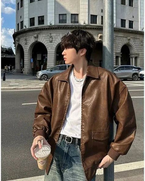 I will charge your color is yellow instead of beige☹️ Brown Jacket Outfit Men, Brown Jacket Outfit, Brown Leather Jacket Outfit, Korean Street Fashion Men, Leather Jacket Outfit Men, Baseball Jacket Men, Brown Leather Jacket Men, Pu Jacket, Clothing Design Sketches