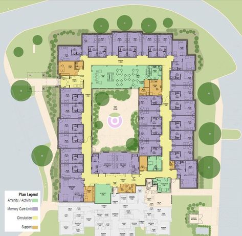 Nursing Home Design Floor Plans, Nursing Home Architecture Plan, Retirement Housing Architecture, Rehab Center Architecture, Senior Community Design, Senior Living Architecture, Assisted Living Facility Floor Plans, Memory Care Unit Design, Hacks For Small Bedrooms