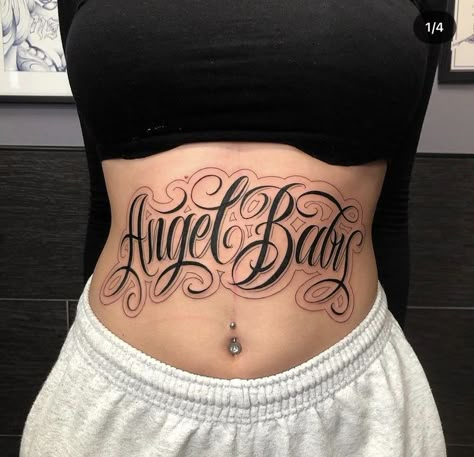 Angel Baby Tattoo, Girl Stomach Tattoos, Letters Cursive, Stomach Tattoos Women, Cute Simple Tattoos, Baby Tattoo, Belly Tattoos, Tattoo Lettering Styles, Gangsta Tattoos