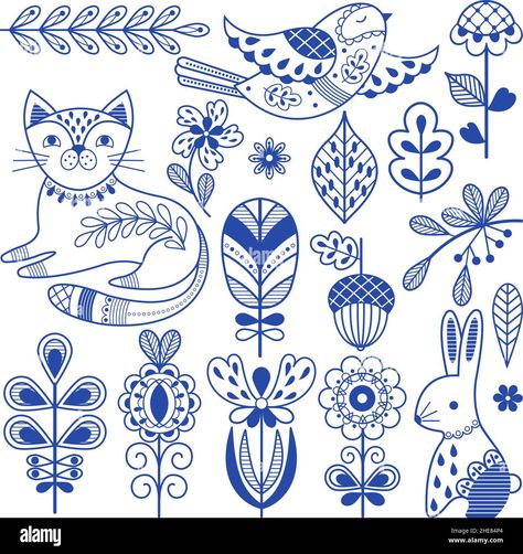 Download this stock vector: Blue folk finnish. Swedish design borders, ornament scandinavian folklore art. Rustic decor, nordic nature floral elements. Cat, bird and rabbit - 2HE84P4 from Alamy's library of millions of high resolution stock photos, illustrations and vectors. Scandinavian Tattoo, Scandinavian Embroidery, Scandinavian Folklore, Nordic Nature, Folklore Art, Scandinavian Textiles, Arte Folk, Scandinavian Pattern, Cat Bird