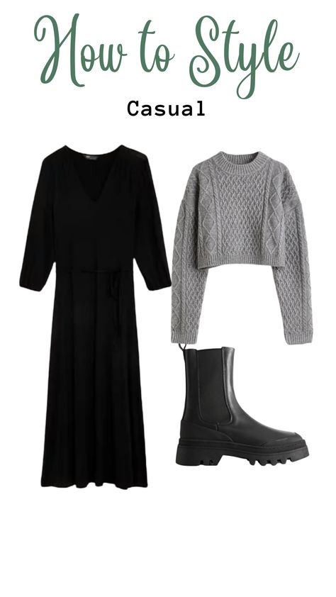 Midi Dress Sweater Outfit, Black Knit Midi Dress Outfit Winter, Black Jumper Dress Outfit Winter, Black Knit Midi Dress Outfit, Black Dress Capsule Wardrobe, Knitted Midi Dress Outfits, Black Long Sleeve Maxi Dress Outfit, Cropped Sweater Skirt Outfit, Long Black Dress Outfit Casual Winter