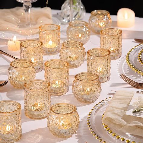 Table Centerpieces For Engagement Party, Flowers With Candles Centerpieces, Old Money Table Decor, Elegant Birthday Party Decor, Centerpieces For Rehearsal Dinner Tables, Romantic Wedding Reception Decorations, Gold Accent Wedding Decor, Vintage Gold Wedding Decor, Table Lamp Wedding