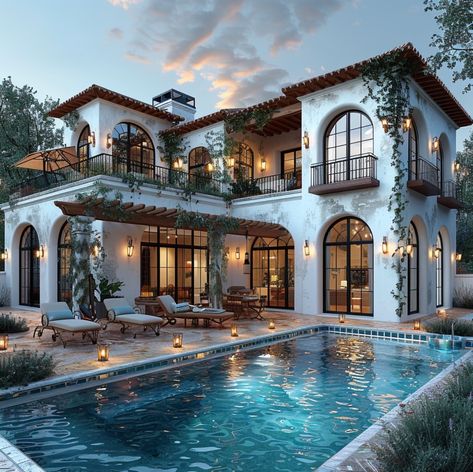 Italian Houses Aesthetic, Spanish Facade, Two Story Villa, Adobe Homes, Mediterranean Homes Exterior, Villa Exterior, Mediterranean Revival, Hacienda Style Homes, French Houses