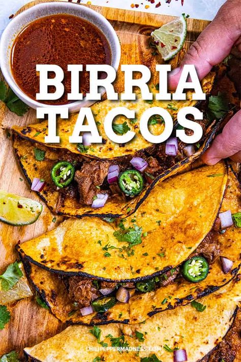 This is my favorite birria tacos recipe with juicy, tender shredded beef simmered in chili sauce on lightly fried tortillas, so huge on flavor. Mexican Birra, Mexican Birria Recipe, Mexican Pulled Pork Tacos, Birria Tacos Recipe, Beef Birria Recipe, Barbacoa Recipe, Birria Tacos, Fried Tortillas, Shredded Beef