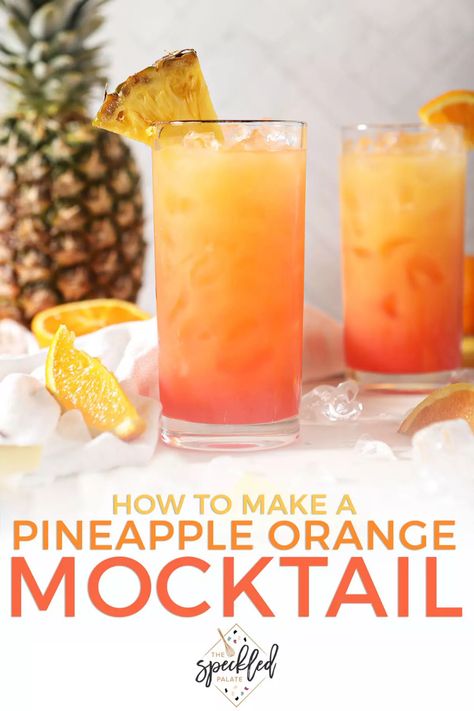 This easy mocktail is a nonalcoholic twist on a Tequila Sunrise. Made with orange and pineapple juices, the Sweet Sunrise omits tequila and adds a dash of orange bitters. This pineapple and orange drink is perfect for entertaining or sipping anytime! #EasyEntertaining #SpeckledPalate Sunrise Mocktail, Orange Mocktail, Drinks With Pineapple Juice, Orange Juice Drinks, Orange Sunrise, Mocktail Drinks, Orange Drink, Orange Bitters, Pineapple Drinks