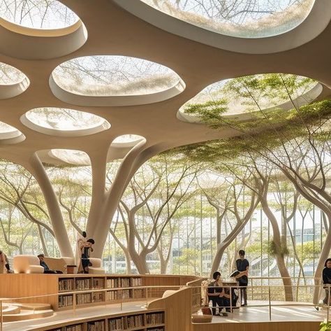 Open Library Architecture, Amazing Library Design, Library In Nature, Inspiration From Nature In Architecture, Library Architecture Design Concept, Architectural Library Design, Library Courtyard Design, Garden Library Architecture, Natural Library Design