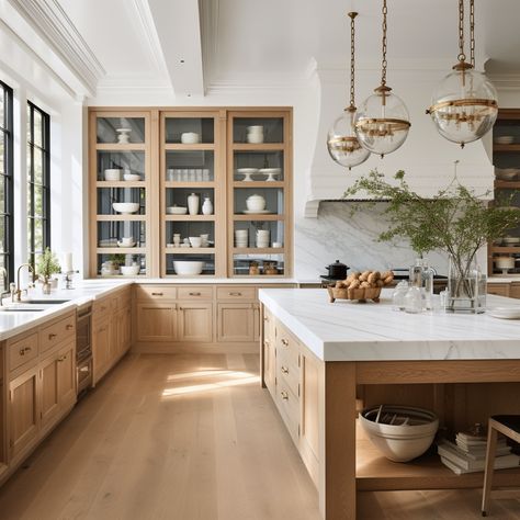 Don't Even Think About a Slab Backsplash Until You See These 21 Game-Changing Designs! Modern Farmhouse Kitchen With Butlers Pantry, Kitchen Cabinet Natural Wood, Kitchen Island Beach House, Us Kitchen Design, Natural Wood Cabinets Kitchen Modern, Lauren Lane Kitchen, Kitchen With Doors To Outside, Fresh Kitchen Design, Large Modern Farmhouse Kitchen