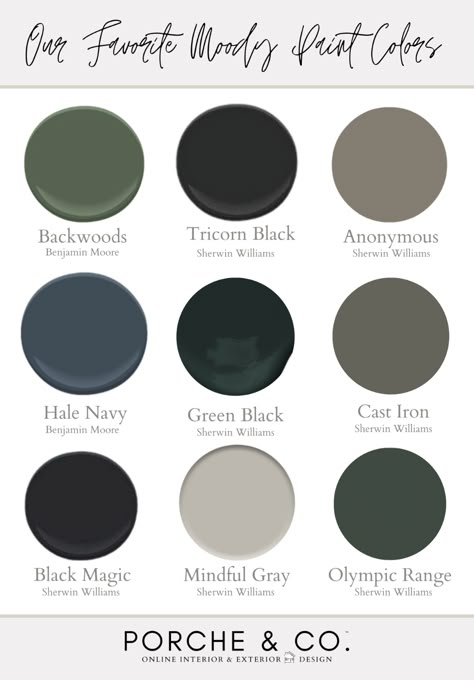 Porche Tips & Tricks: Our Favorite Moody Paint Colors — Porche & Co. Whole House Paint Scheme Dark Floors, Dark Green Paint Scheme, Black And Green Library, Farrow And Ball Moody Colors, Dark Moody Modern Living Room, Monochromatic Painted Rooms, Painting A Room Black, Eclectic Moody Living Room Ideas, Paint Color For Built Ins