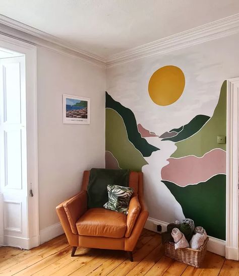 Diy Mountain Mural, Wall Murals Painted Diy, Painting A Mural, Playroom Mural, Wall Mural Ideas, Office Mural, Diy Mural, Wall Murals Diy, Mountain Mural