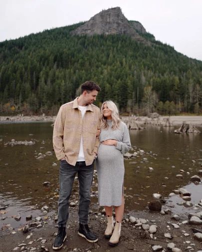 Turtle Neck Dress Maternity Shoot, Maternity Pictures Sweater Dress, Maternity Photos Mens Outfit, Bre Sheppard Pregnant Outfits, Fall Maternity Photos Jeans, Casual Outfit Maternity Photos, Maternity Sweater Dress Photoshoot, Bre Sheppard Maternity, Casual Maternity Outfits Photoshoot Winter