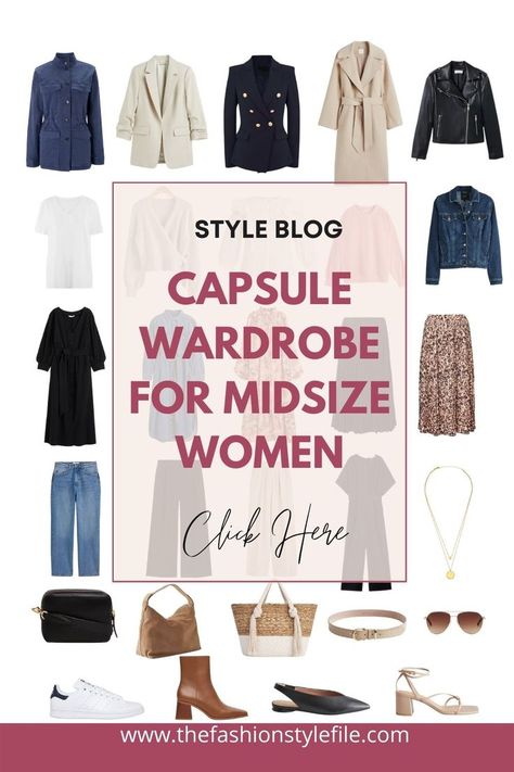 Capsule wardrobe for midsize women #midsizefashion #styleblog #outfitideas Midsize Wardrobe, Mid Size Fall Outfits, Midsize Fashion Fall, Midsize Women, Cute Fall Outfits For Women, Midsize Fall Outfits, Mom Capsule Wardrobe, Plus Size Capsule Wardrobe, 10 Item Wardrobe