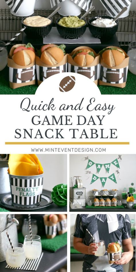 Celebrate the day of the Big Game with this cute and simple game day snack spread! Get all of the football-themed party snack, drink, and table decor ideas now at minteventdesign.com. Football Concession Stand Party Ideas, Football Themed Food Ideas, Football Party Printables Free, Fancy Football Party, Super Bowl Tablescape, Football Themed Birthday Party Food, Football Birthday Party Food, Football Dessert Table, Michigan Football Party