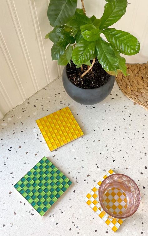 DIY Decor: Checkered Mosaic Tile Coasters Diy Mosaic Projects, Checkered Tile, Mosaic Tiles Diy, Diy Coasters Tile, Fun Coasters, Mosaic Tiles Crafts, Plant Care Tips, Coaster Crafts, Cool Coasters