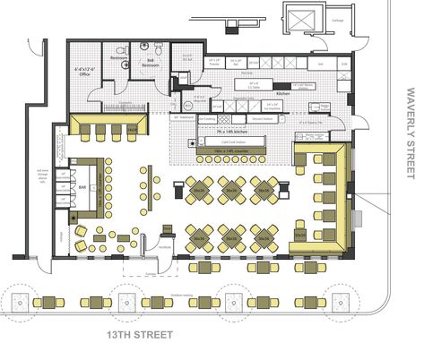 Fire Restaurant & Bar | Ralph Tullie | Archinect Restaurant Plans, Cafe Floor Plan, Cafe Floor, Restaurant Floor Plan, Cafe Plan, Restaurant Layout, Bar Flooring, Kitchen Bar Design, Restaurant Plan