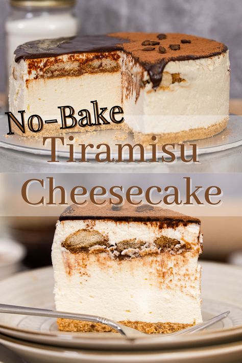 A different version of the world famous tiramisu dessert, this is a no-bake tiramisu cheesecake with mascarpone and cream cheese. Incorporating the essential flavours of a tiramisu, this no-bake cheesecake is easy to prepare. Do give it a try :) Teramasoo Cheesecake, Cream Cheese Tiramisu Recipe, Cakes With Mascarpone Cheese, Tiramisu Cream Cheese, Tarimisu Cheesecake, Tiramisu Mousse Recipe, Na Bake Cheesecake, Tiramisu Cheesecake Recipe No Bake, Sweet Recipes With Cream Cheese