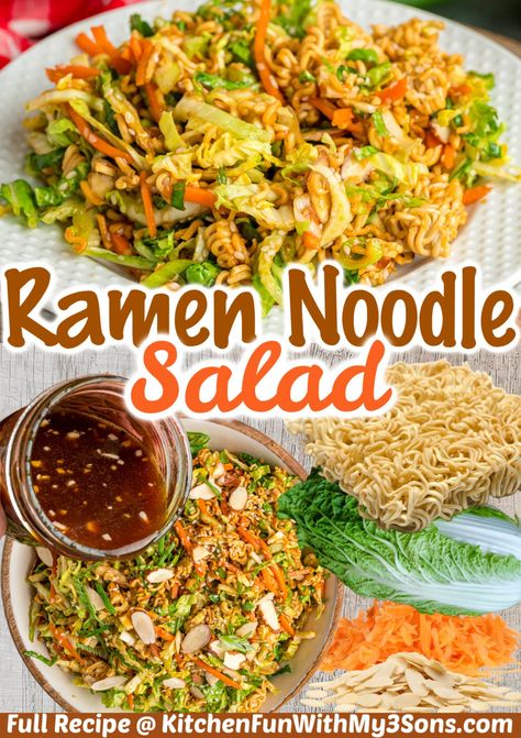 Basic packets of ramen noodles are repurposed into a crunchy Asian-inspired salad with ingredients like cabbage, carrots, and almonds, in this Ramen Noodle Salad recipe. Ready in 20 minutes! #saladrecipes #easylunchideas #ramennoodlerecipes Teriyaki Noodle Salad, Ramen Noodle Chicken Salad, Chinese Noodle Salad Ramen, Napa Cabbage Ramen Noodle Salad, Crunchy Ramen Cabbage Salad, Ramin Noodle Salad, Cooked Ramen Noodle Salad, Napa Salad With Ramen Noodles, Japanese Salad With Ramen Noodles