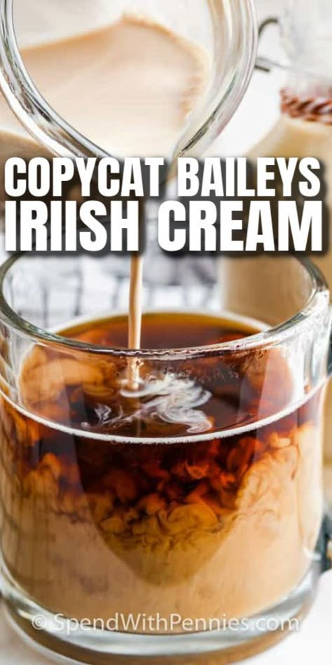 Copycat Bailey's Irish Cream is an easy recipe to prepare. Made with only 5 ingredients, this Irish cream Liqueur comes together in no time. Just combine, shake, and serve! Pour into fancy jars to gift, or store in the fridge to enjoy yourself. Everyone will love a cup of coffee with a splash of Irish Cream. #spendwithpennies #irishcream #copycatirishcream #liqueur #homemade Diy Baileys Irish Cream, Homemade Baileys Irish Cream, Baileys Irish Cream Recipes, The Best Iced Coffee, Irish Cream Recipe, Homemade Baileys, Irish Coffee Recipe, Homemade Irish Cream, Irish Cream Coffee