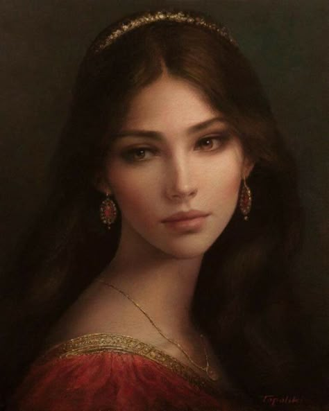 Piotr Topolski, Medieval Paintings, Medieval Woman, Rennaissance Art, Long Dark Hair, Princess Aesthetic, Princess Art, Aesthetic Painting, Ethereal Art