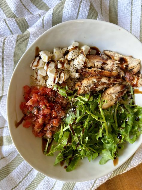 Trader Joe’s Bruschetta Bowl — The Hungry Hooker Minimal Cooking Meals, Bruschetta Sauce, Arugula Chicken, Seasoned Chicken Thighs, Chicken Mozzarella, Mozzarella Pearls, Seasoned Chicken, Boneless Skinless Chicken Thighs, Skinless Chicken Thighs