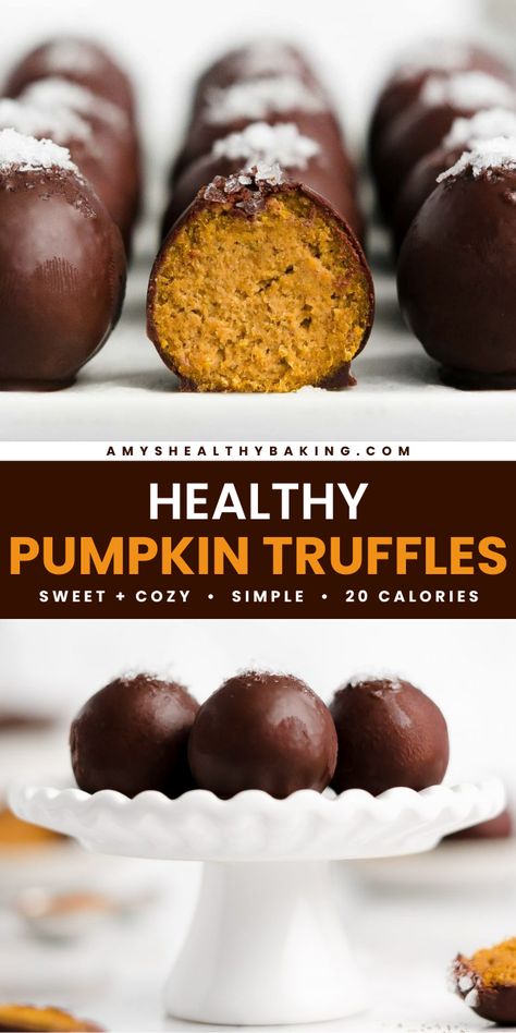 A fall treat featuring homemade truffles! With a dark chocolate coating and lots of cozy spices, these Healthy Pumpkin Truffles are a delicious Thanksgiving dessert idea. This simple pumpkin recipe is also vegan, clean eating, low fat, low sugar, dairy free, and egg free with a gluten free option! Gluten Free Pumpkin Truffles, Thanksgiving Dairy Free Desserts, Healthy Desserts With Dark Chocolate, Keto Pumpkin Balls, Paleo Pumpkin Truffles, Gf Dairy Free Pumpkin Desserts, Keto Gluten Free Dairy Free Desserts, Clean Eating Thanksgiving Desserts, Clean Thanksgiving Dessert