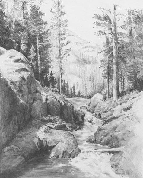 Pencil Drawings Of Nature, Landscape Pencil Drawings, Pencil Drawing Tutorials, Landscape Sketch, Desenho Tattoo, Nature Drawing, Landscape Drawings, Pencil Art Drawings, Cool Landscapes