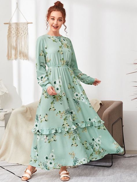 Buttoned Cuff Ruffle Trim Floral Print Dress | SHEIN USA Floral Dress Aesthetic, Floral Dress Outfit, Muslim Long Dress, Floral Dress Outfits, Muslimah Dress, Ladies Blouse Designs, Fashion Top Outfits, Muslim Fashion Dress, Classy Dress Outfits