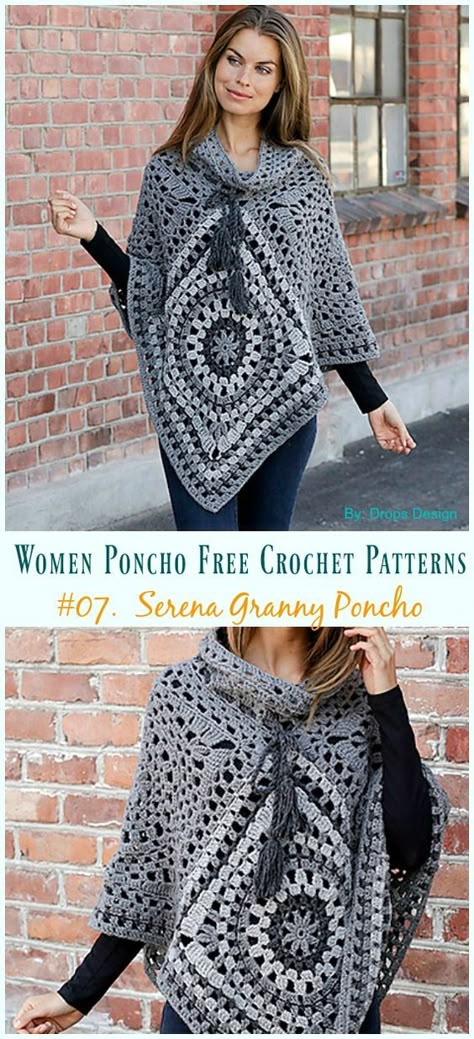 Serena Granny Poncho Crochet Free Pattern - Women #Poncho; Free #Crochet; Patterns Poncho Patterns, Crochet Poncho Free Pattern, Poncho Crochet, Crochet Poncho Patterns, Poncho Pattern, Haken Baby, Crochet Sweaters, Crochet Jacket, Crochet Shawls