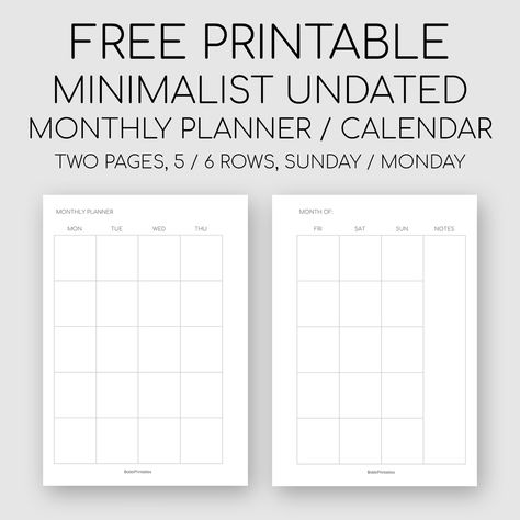 Free Printable Minimalist Monthly Planner / Undated Calendar - Month on Two Pages #free #printable #monthlyplanner #minimalist #planner #printables #monthly #undated #calendar #insert #plannerinsert A5 Stalogy Layout, B6 Planner Printables Free, Two Page Monthly Planner Printable Free, A6 Planner Printables Free, A6 Printables Free, Free Pocket Planner Printables, Undated Monthly Planner Printables Free, A5 Calendar Printable Free, Free A6 Planner Printables