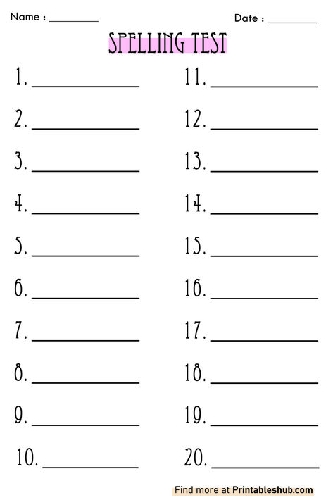 Blank Spelling Test 20 Words Template PDF Spelling Worksheets 4th Grade, Vocabulary Test Template, Free Printable Spelling Test Sheets, Spelling Test For Grade 3, 2nd Grade Sight Word Worksheets Free, Spelling Word Practice 2nd, Spelling Test Template Free Printable, Free Spelling Worksheets, 3rd Grade Worksheets Free Printable