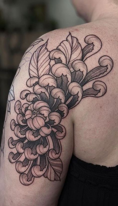 Japanese Mum Tattoo, Crysanthemum Tattoo Thigh, Crysthanamum Flowers Tattoo, Shoulder Chrysanthemum Tattoo, Crsanthmum Flower Tattoo, Filler Tattoo Ideas Gap Flowers, Spider Chrysanthemum Tattoo, Crasanthama Flower Tattoo, Chyrasantemum Tattoo