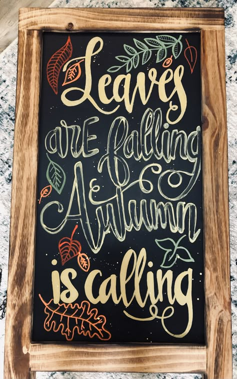 Autumn Cafe Decor, Fall Chalk Art Chalkboard Signs, Blackboard Fall Ideas, Autumn Whiteboard Art, Autumnal Chalkboard, Autumn Chalkboard Art Ideas, Fall Chalkboard Signs Retail, Call Chalkboard Ideas, Fall Leaves Chalkboard Art