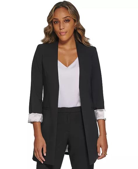 Calvin Klein - Women's Roll Sleeve Open Front Blazer Workwear Essentials, Colorful Blouses, Blazer Jackets For Women, Open Front Blazer, Long Blazer, Fitted Trousers, Calvin Klein Woman, Jacket Design, Women's Coats & Jackets