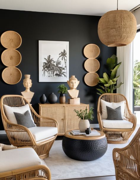 50 Black Living Room Ideas For A Bold And Sophisticated Space Black And Bamboo Living Room, White Black And Wood Decor, Boho With Black Furniture, Black Rattan Living Room, Boho Living Room With Black Couch, Black And Rattan Living Room, Boho Living Room Dark Couch, Boho Living Room With Black, Boho Black Living Room