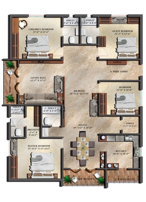 4 BHK floor plan have been rendered by INFINITY 7 STUDIO Team. Single Floor House Design, 2bhk House Plan, 3d House Plans, House Design Plans, Apartment Floor Plan, House Floor Design, Building House Plans Designs, House Plan Gallery, Home Design Floor Plans