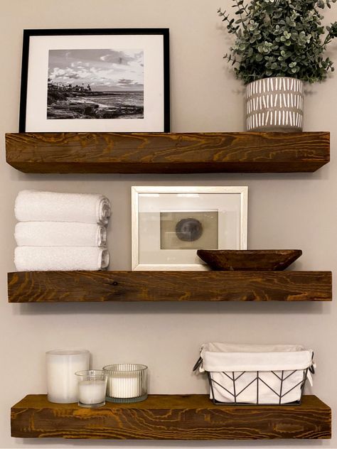 Floating Shelf Over Toilet, Floating Shelves In Bathroom, Shelves In Bathroom, 3 Floating Shelves, Diy Trinkets, Shelves Above Toilet, Bathroom Shelves Over Toilet, Shelves Over Toilet, Diy Floating Shelves