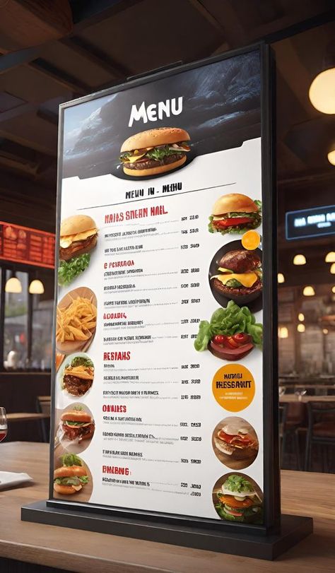 #fashion Burger Banner Design, Burger Menu Design Ideas, Burger Menu Design, Restaurant Menu Boards, Mini Cafeteria, Crazy Burger, Menu Board Design, Restaurant Consulting, Small Restaurant Design