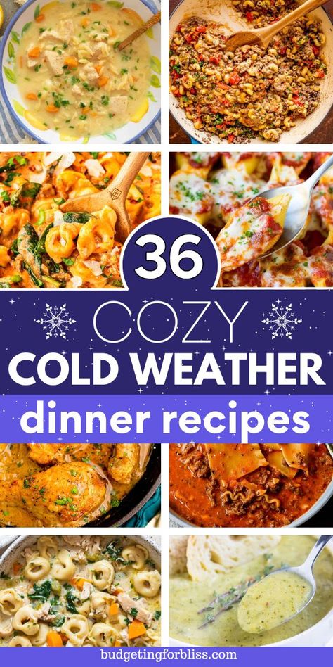 Stay cozy all season long with these 36 easy winter dinners. These comforting winter dinner recipes are sure to warm you up on those cold winter nights. Find family-friendly winter meals with simple ingredients and minimal prep that are perfect for quick weeknight dinners. From hearty soups to comforting casseroles, these winter dinner ideas are sure to please even the pickiest eater. Enjoy cozy winter comfort food, easy cold weather recipes, hearty winter meals, and quick winter dinner ideas. Fancy Comfort Food, Easy Dinners For Cold Weather, After Holiday Dinner Ideas, Delicious Winter Meals, Dinner Recipes Cozy, Cold Winter Meals, Snow Day Food Dinners, Quick Warm Dinners For Cold Nights, Easy Cold Day Dinner Ideas