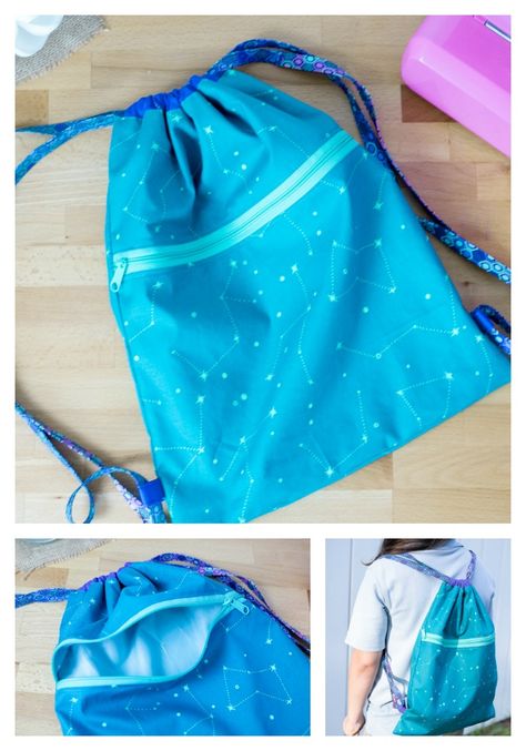 Easy Peasy Drawstring Backpack... with a Zipper Pocket {free tutorial} Drawstring Backpack Tutorial, Drawstring Backpack Pattern, Diy Drawstring Bag, Sew Can She, Shopping Bag Pattern, Backpack Tutorial, Purses Patterns, Hand Sewing Projects, Bags To Sew