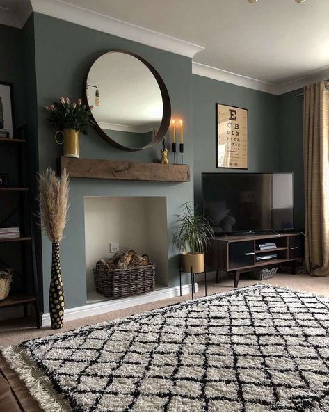 Long Wall With Fireplace, Fireplace Area Living Room, Dark Green Fireplace Wall, Living Room Inspiration With Fireplace, 1930s House Interior Living Rooms, 1930s Living Room, Log Burner Living Room, Sage Green Living Room, Dark Green Living Room